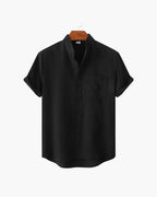 Men's Short-Sleeve Stand-Collar Shirt With Pocket - Black