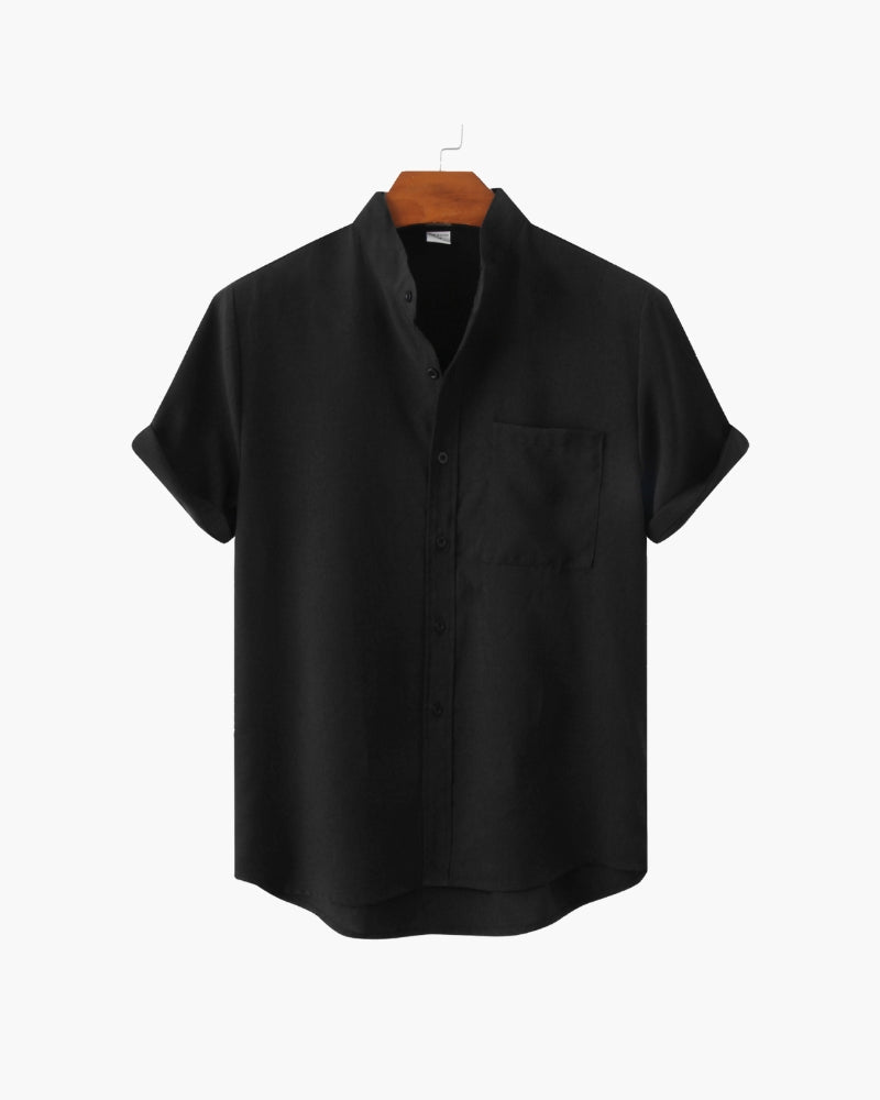 Men's Short-Sleeve Stand-Collar Shirt With Pocket - Black