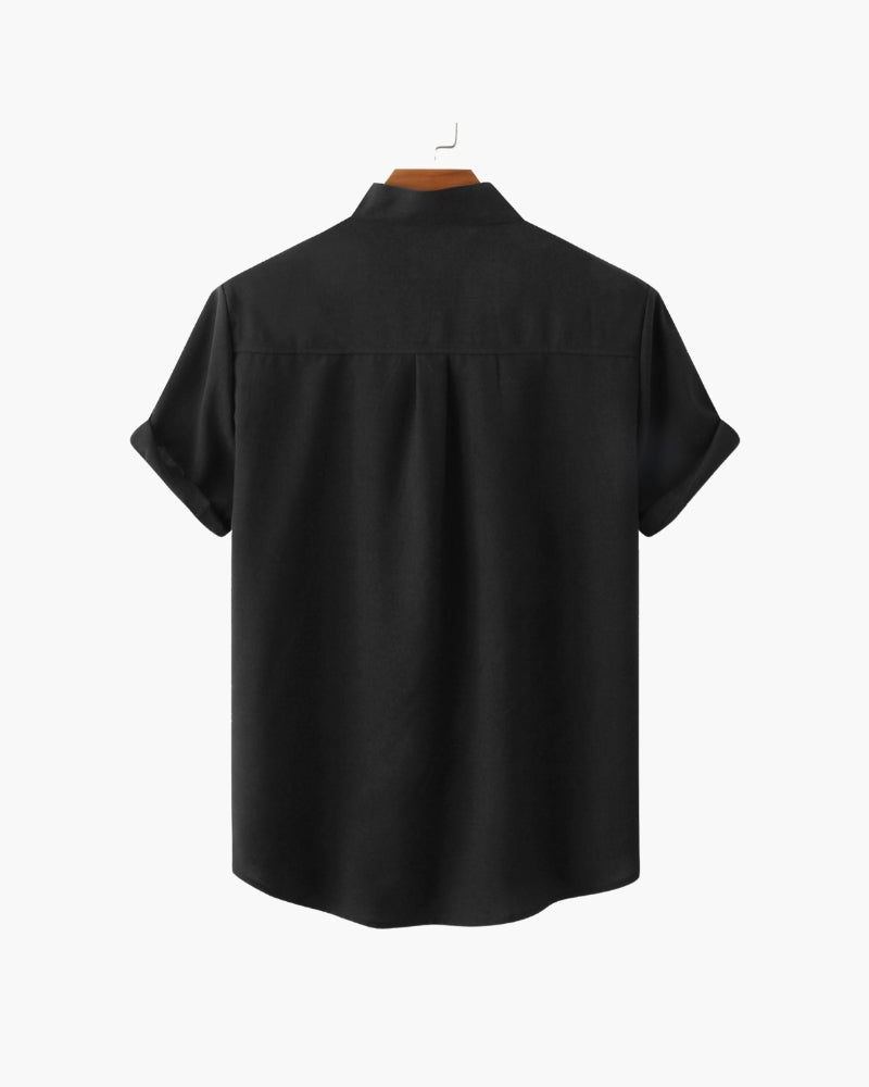 Men's Short-Sleeve Stand-Collar Shirt With Pocket - Black