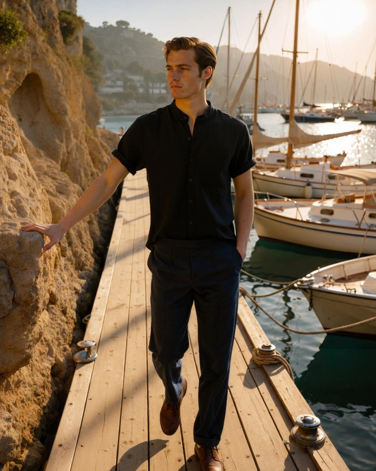 Men's Short-Sleeve Stand-Collar Shirt With Pocket - Black