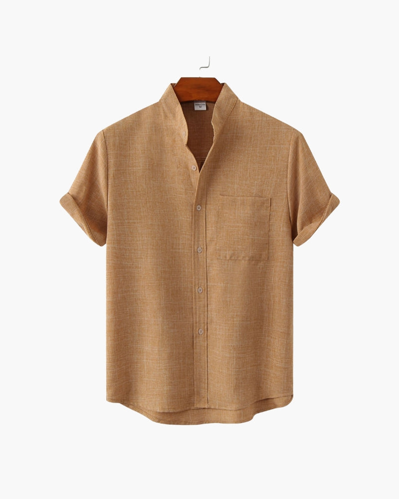Men's Short-Sleeve Stand-Collar Shirt With Pocket - Yellow