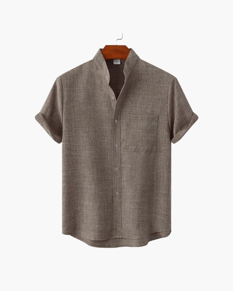 Men's Short-Sleeve Stand-Collar Shirt With Pocket - Brown