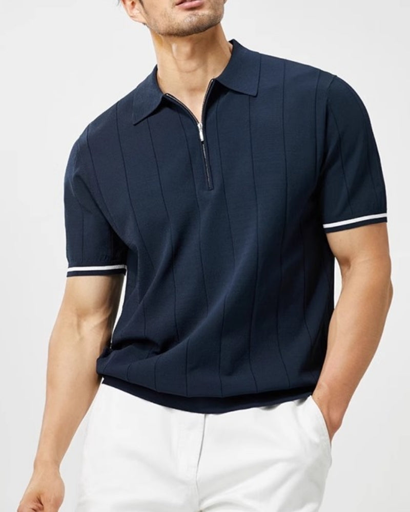 Men's Short-Sleeve Zip Polo With Contrast Cuff Trim - Navy