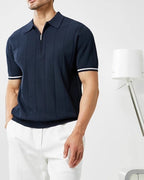 Men's Short-Sleeve Zip Polo With Contrast Cuff Trim - Navy