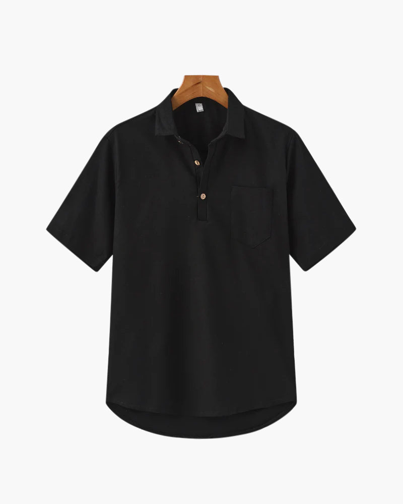 Men's Short-Sleeved Popover Shirt With Chest Pocket - Black