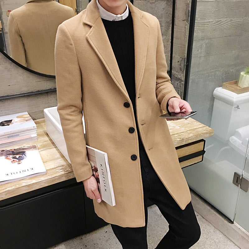 Men's Single-Breasted Long Coat With Notch Lapels - Khaki
