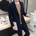 Men's Single-Breasted Long Coat With Notch Lapels - Navy