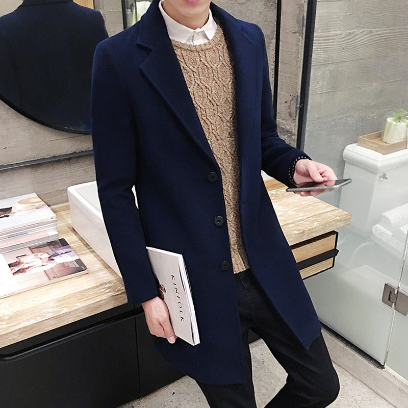 Men's Single-Breasted Long Coat With Notch Lapels - Navy