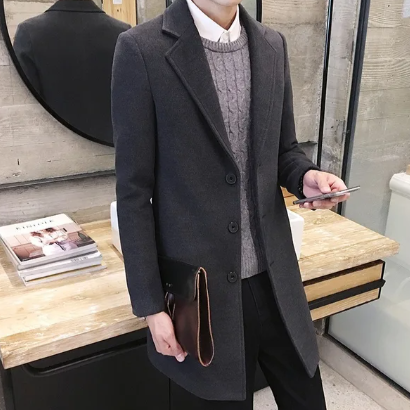 Men's Single-Breasted Long Coat With Notch Lapels - Grey