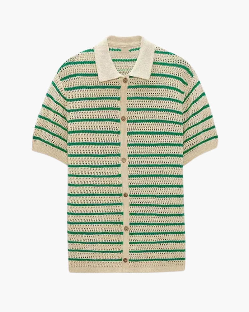 Men's Striped Button-Front Shirt With Short Sleeves - Cream and Green