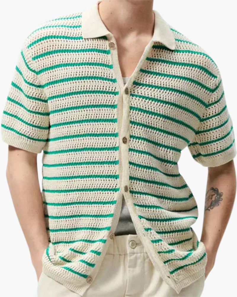 Men's Striped Button-Front Shirt With Short Sleeves - Cream and Green
