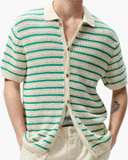 Men's Striped Button-Front Shirt With Short Sleeves - Cream and Green