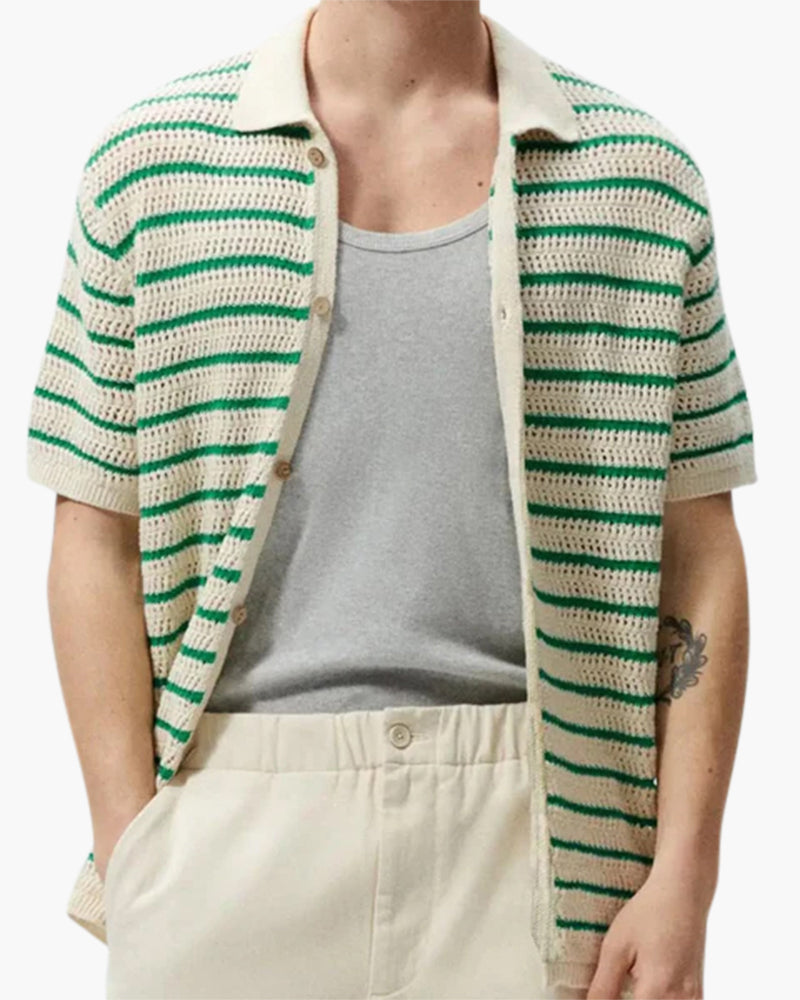 Men's Striped Button-Front Shirt With Short Sleeves - Cream and Green