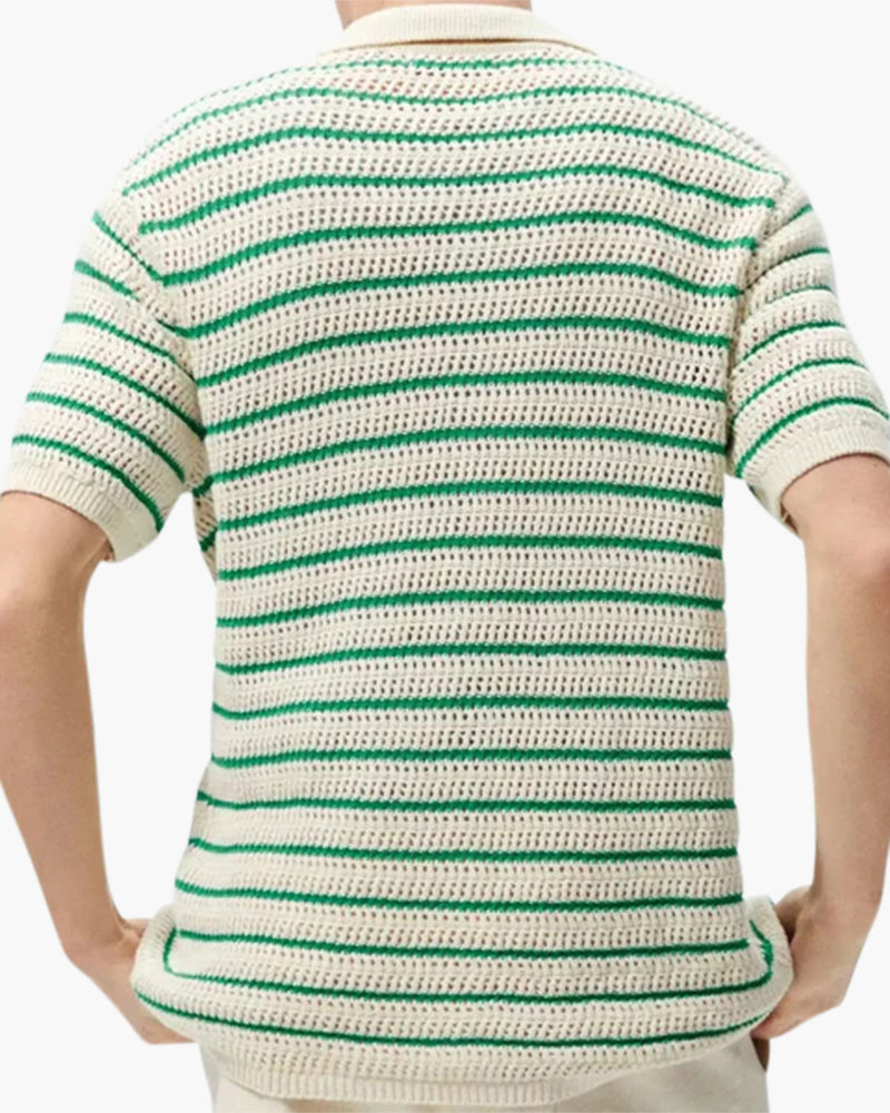 Men's Striped Button-Front Shirt With Short Sleeves - Cream and Green