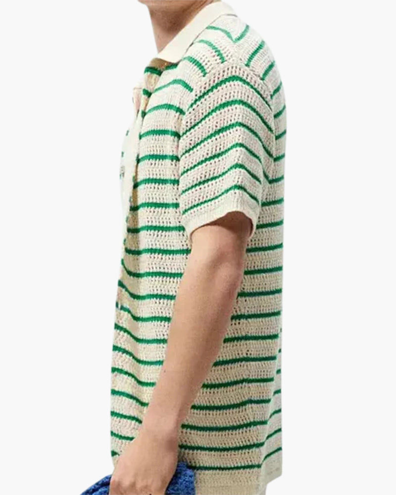 Men's Striped Button-Front Shirt With Short Sleeves - Cream and Green