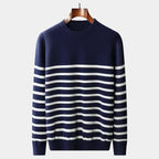 Men's Striped Crew Neck Jumper With Ribbed Neckline - Navy