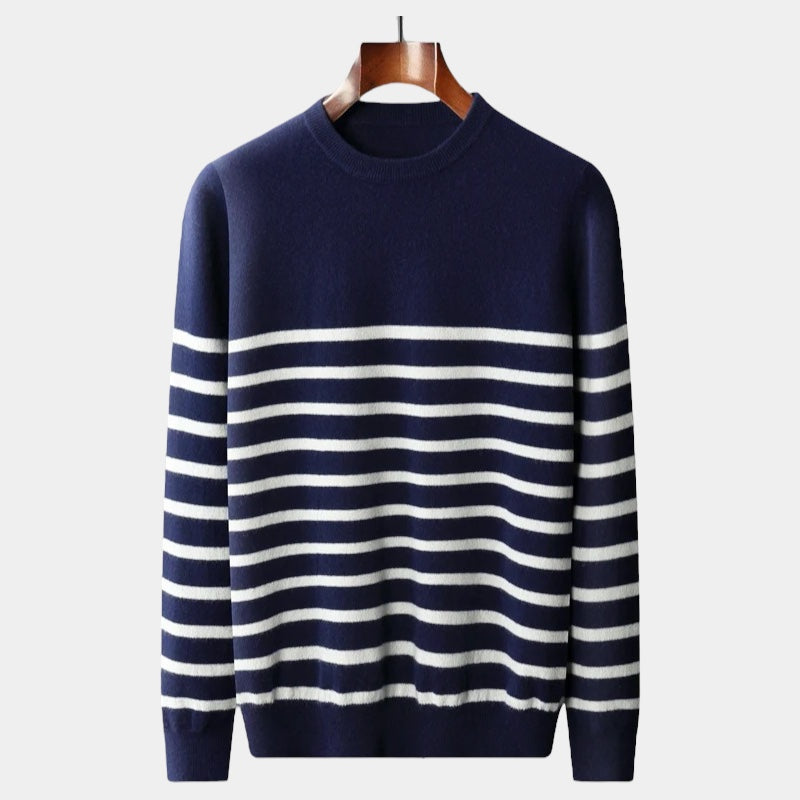 Men's Striped Crew Neck Jumper With Ribbed Neckline - Navy