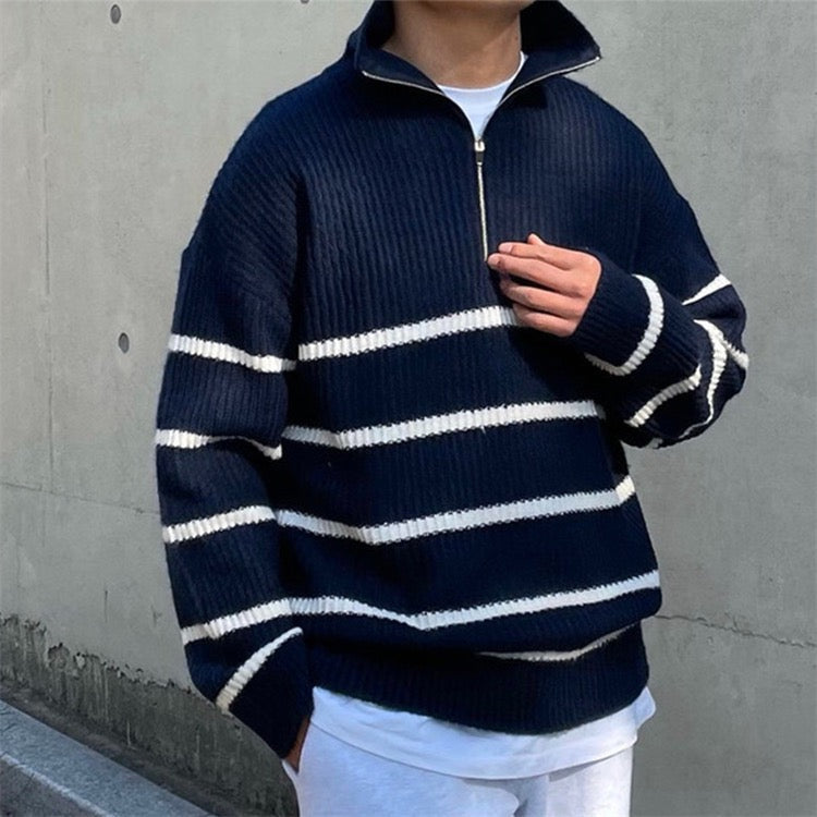 Men's Striped Half-Zip Jumper With Ribbed Stand Collar - Navy