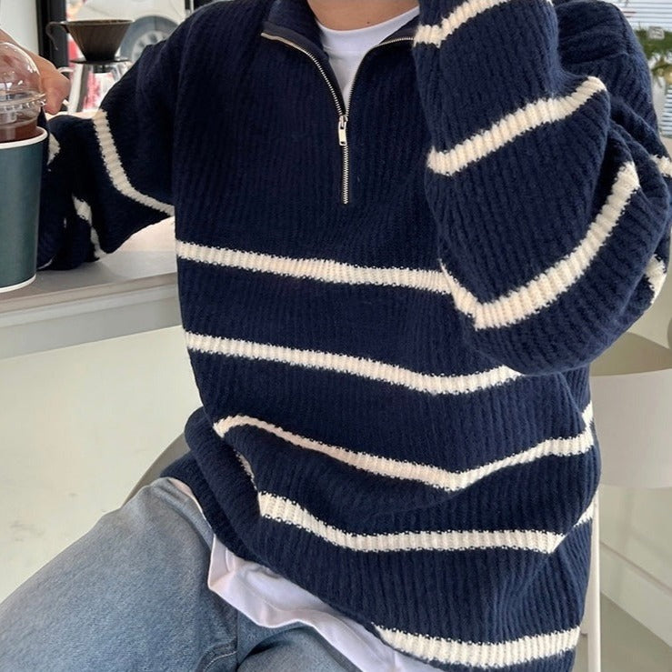 Men's Striped Half-Zip Jumper With Ribbed Stand Collar - Colour options