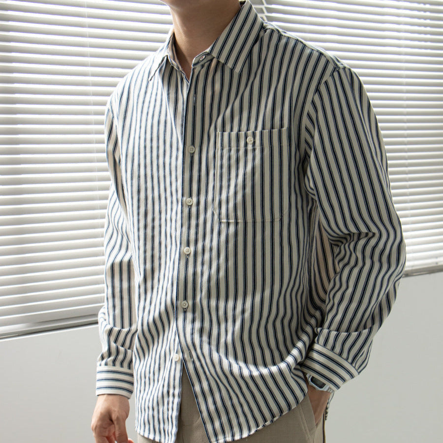 Men's Striped Long-Sleeve Shirt With Chest Patch Pocket - Colour options