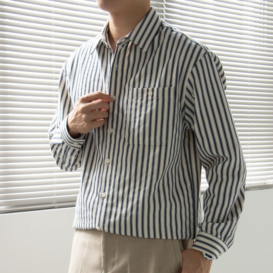Men's Striped Long-Sleeve Shirt With Chest Patch Pocket - Colour options