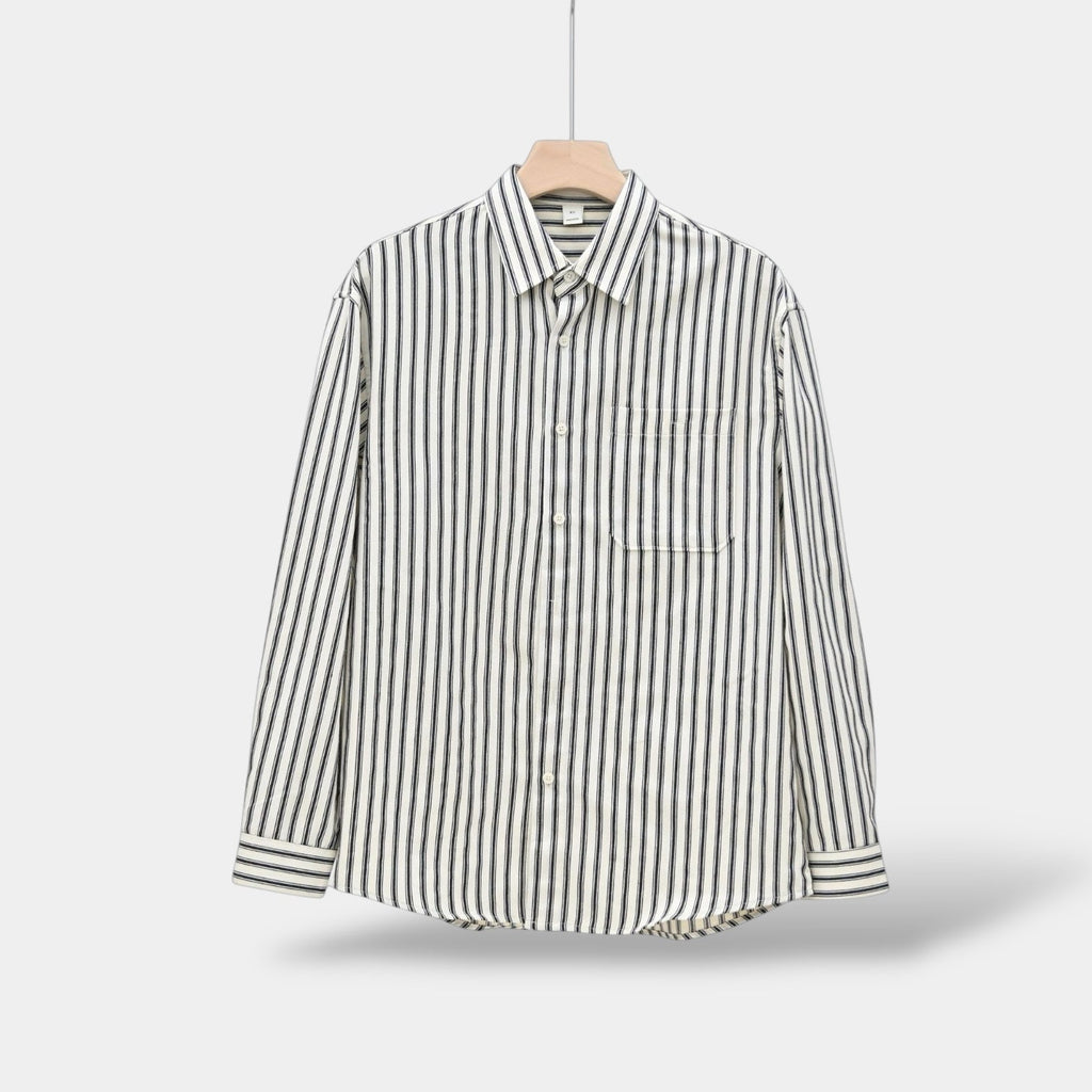 Men's Striped Long-Sleeve Shirt With Chest Patch Pocket - Black