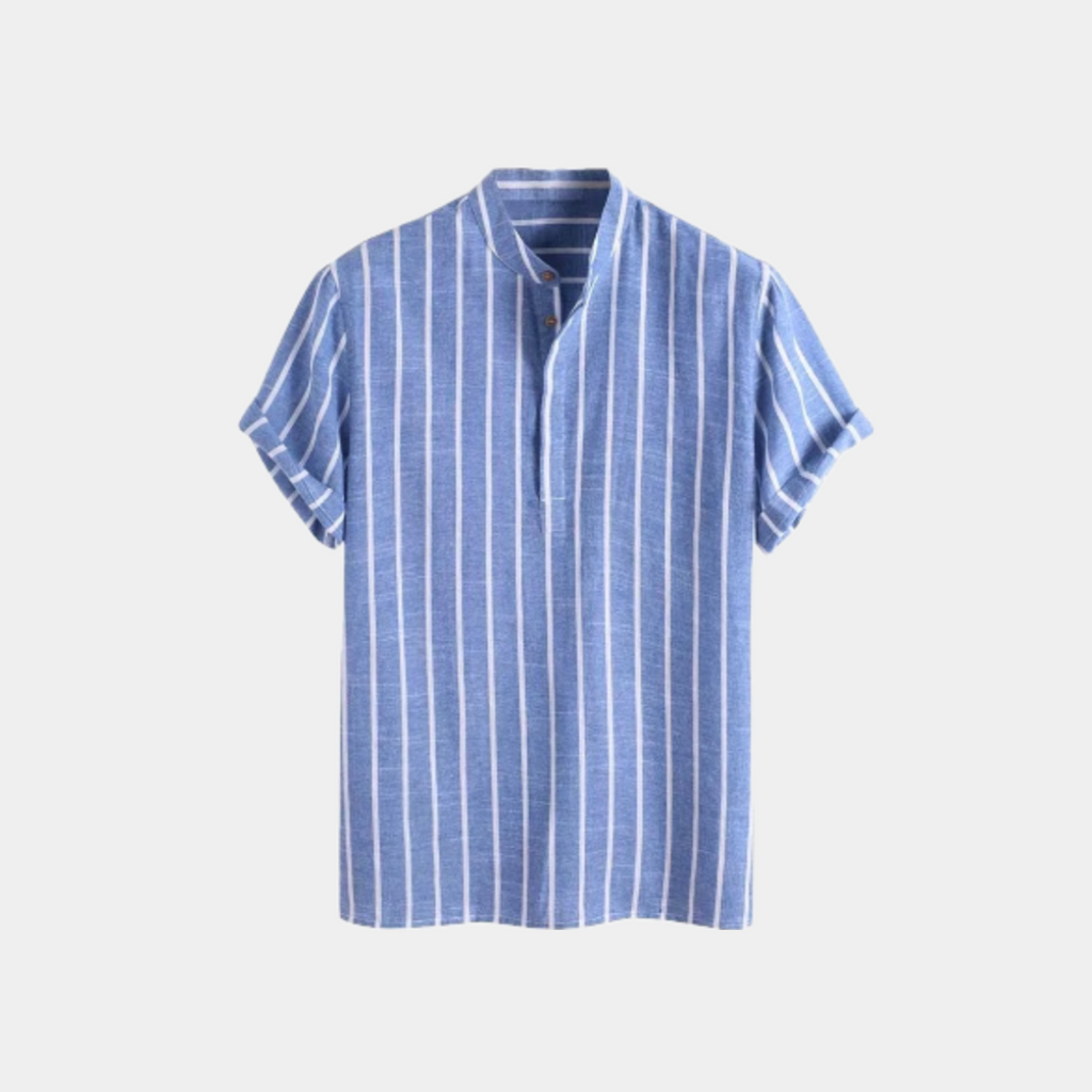 Men's Striped Short-Sleeve Shirt With Band Collar - Blue