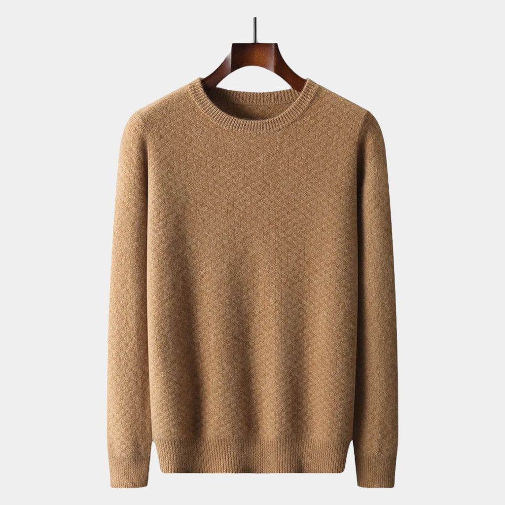 Men's Textured Crew Neck Jumper With All-Over Pattern - Camel