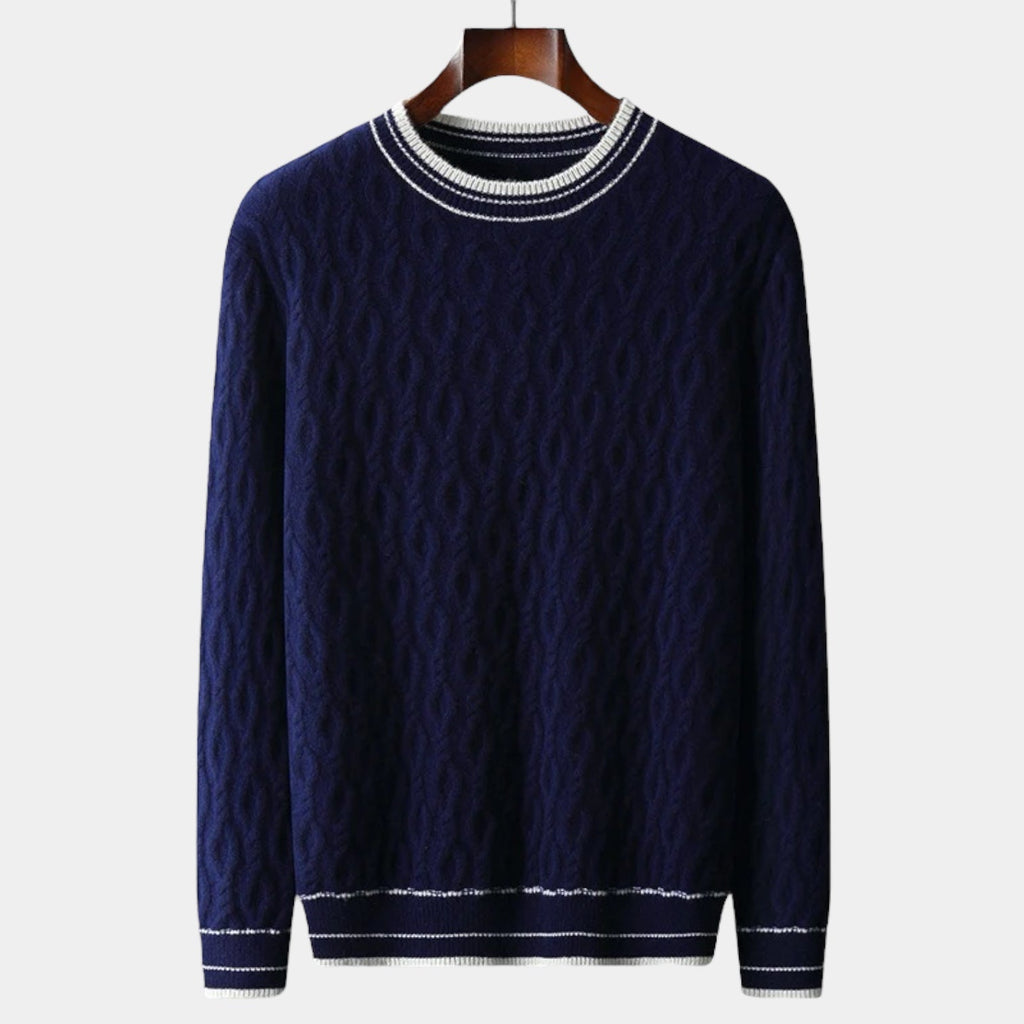 Men's Textured Crew Neck Jumper With Tipped Neck And Hem - Navy