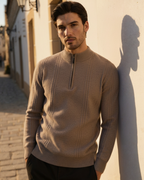 Men's Textured Half-Zip Jumper With Narrow Stand Neck - Beige