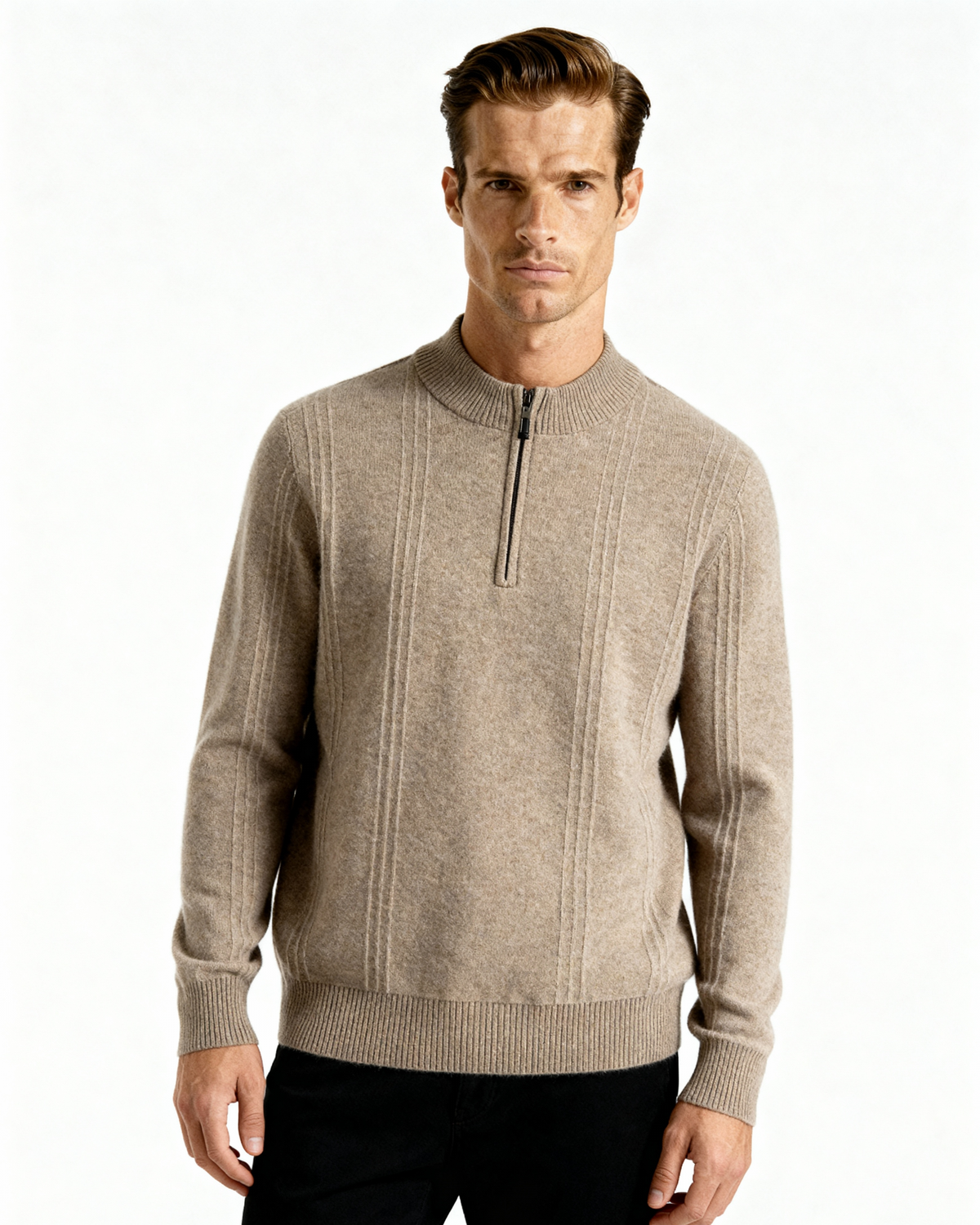 Men's Textured Half-Zip Jumper With Narrow Stand Neck - Beige