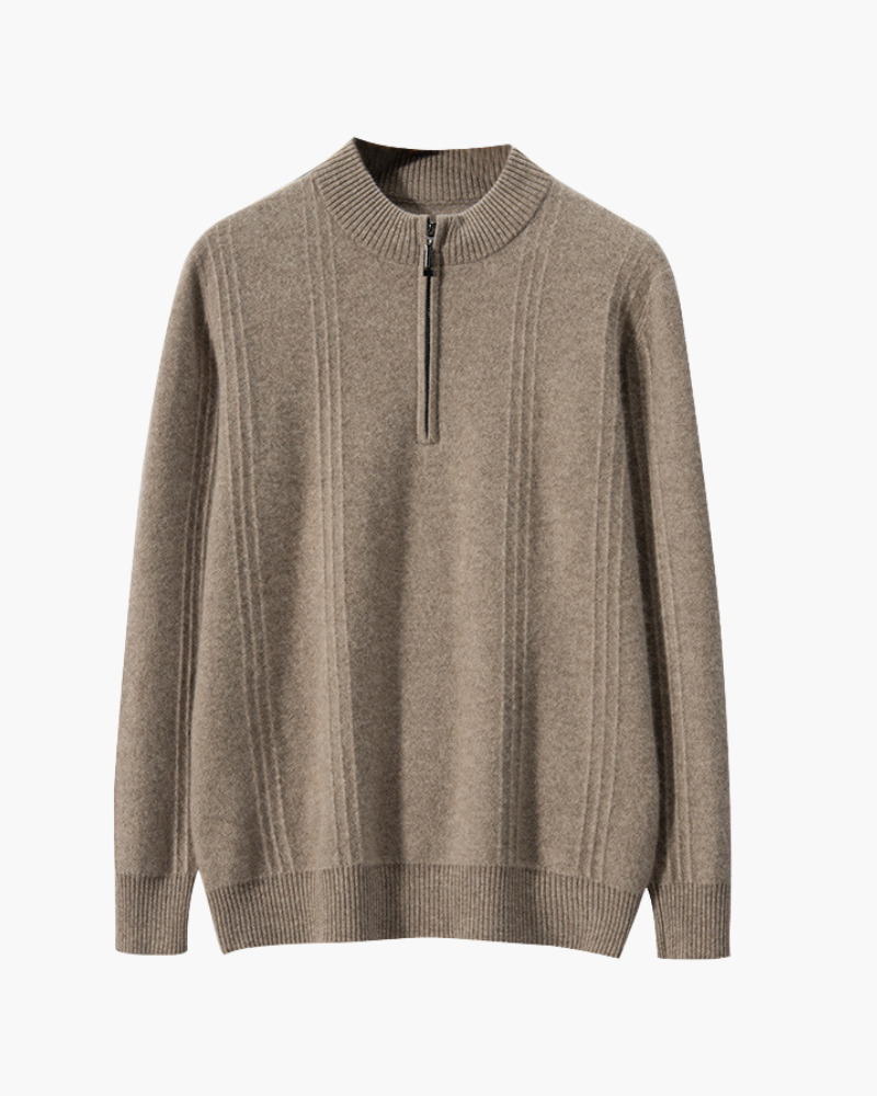 Men's Textured Half-Zip Jumper With Narrow Stand Neck - Beige
