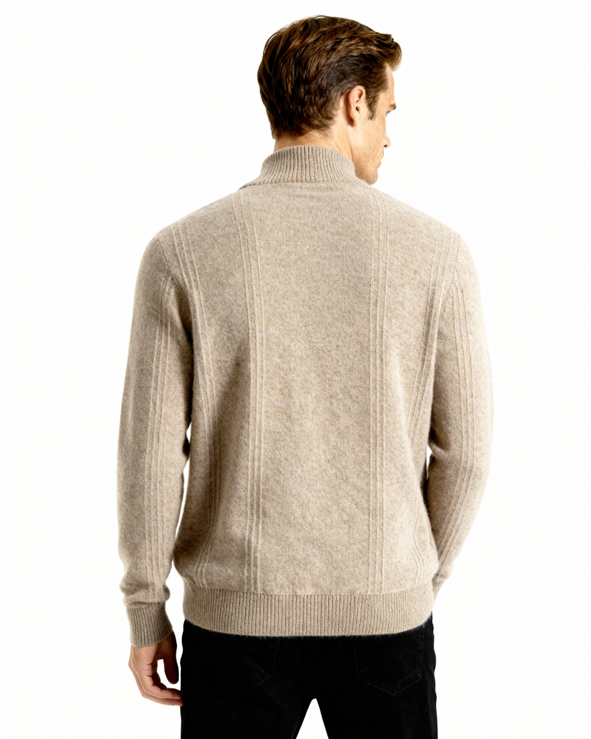 Men's Textured Half-Zip Jumper With Narrow Stand Neck - Beige