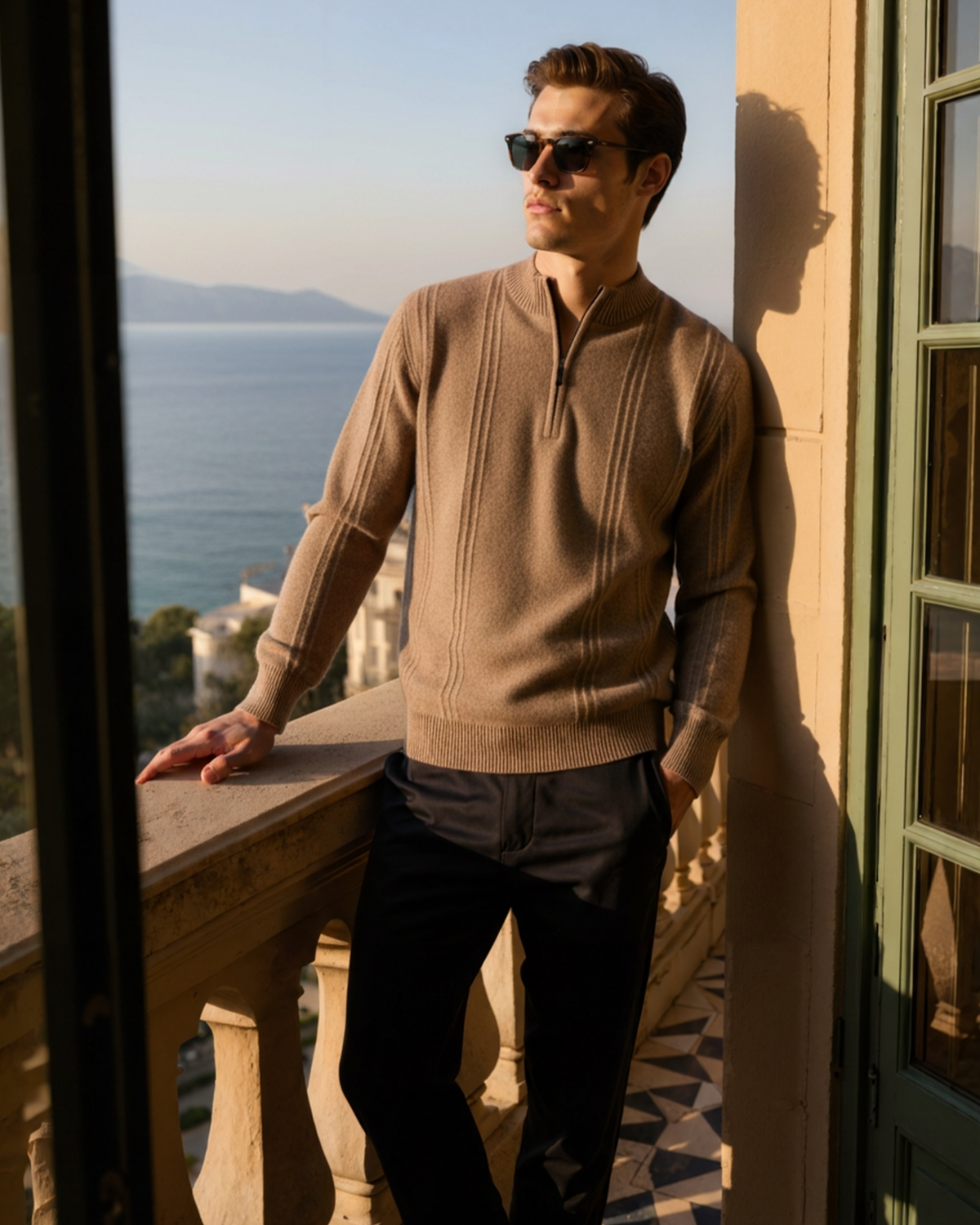 Men's Textured Half-Zip Jumper With Narrow Stand Neck - Beige