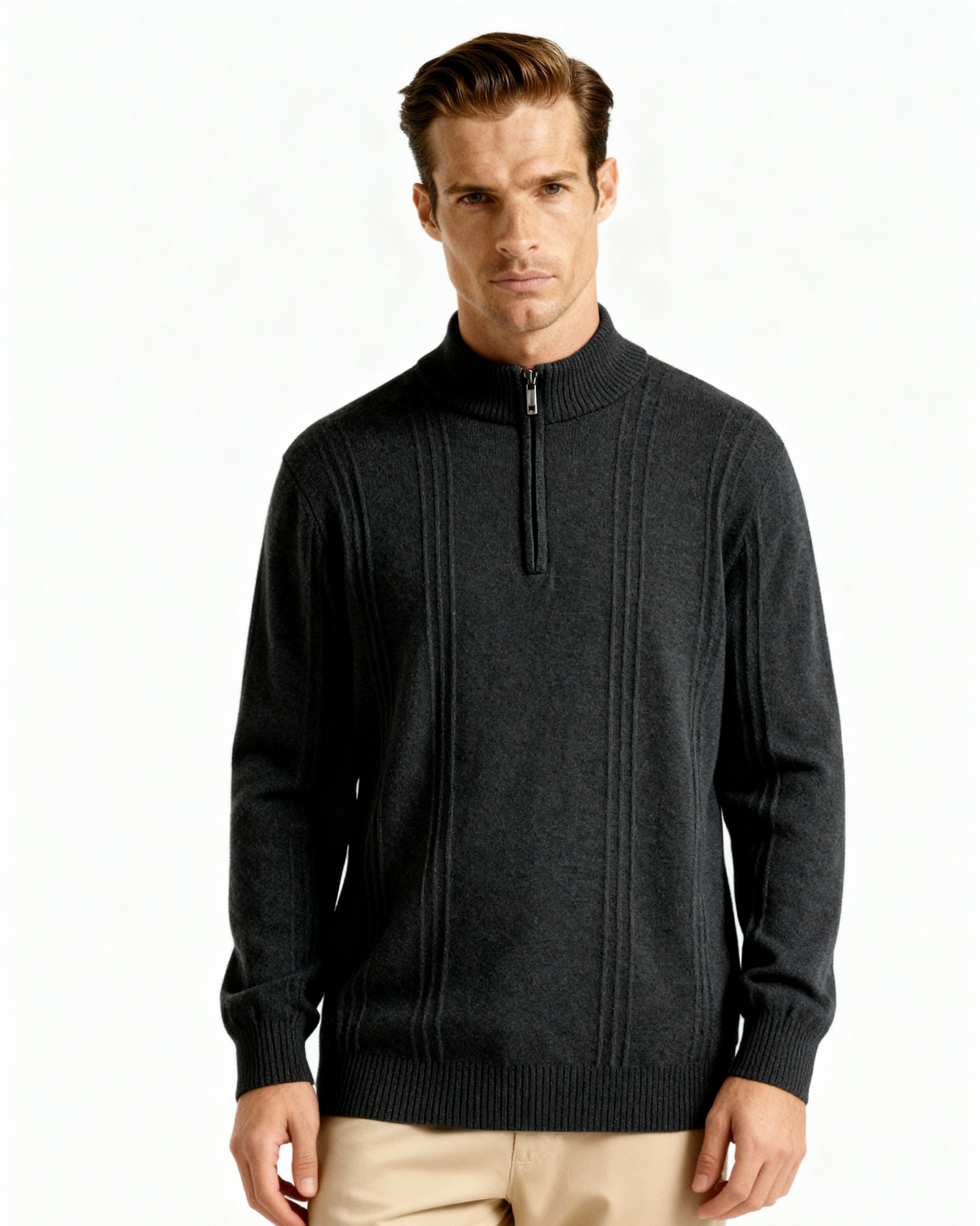 Men's Textured Half-Zip Jumper With Narrow Stand Neck - Dark Grey