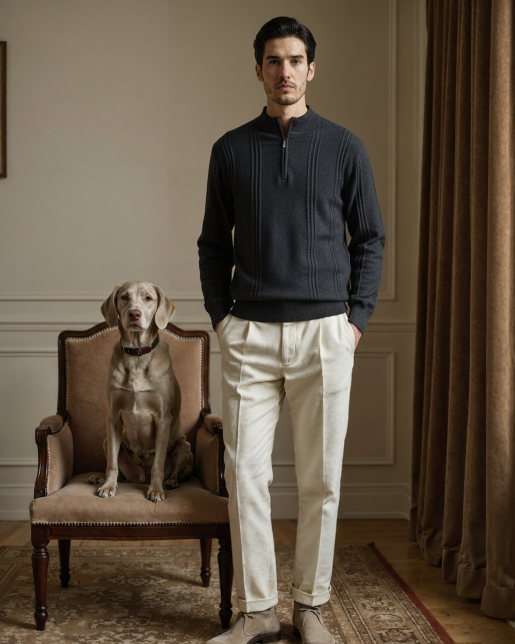 Men's Textured Half-Zip Jumper With Narrow Stand Neck - Dark Grey