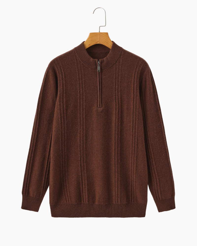 Men's Textured Half-Zip Jumper With Narrow Stand Neck - Brown