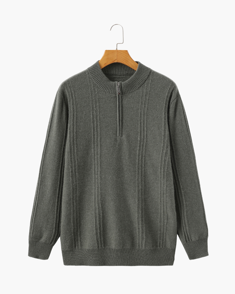 Men's Textured Half-Zip Jumper With Narrow Stand Neck - Olive Green