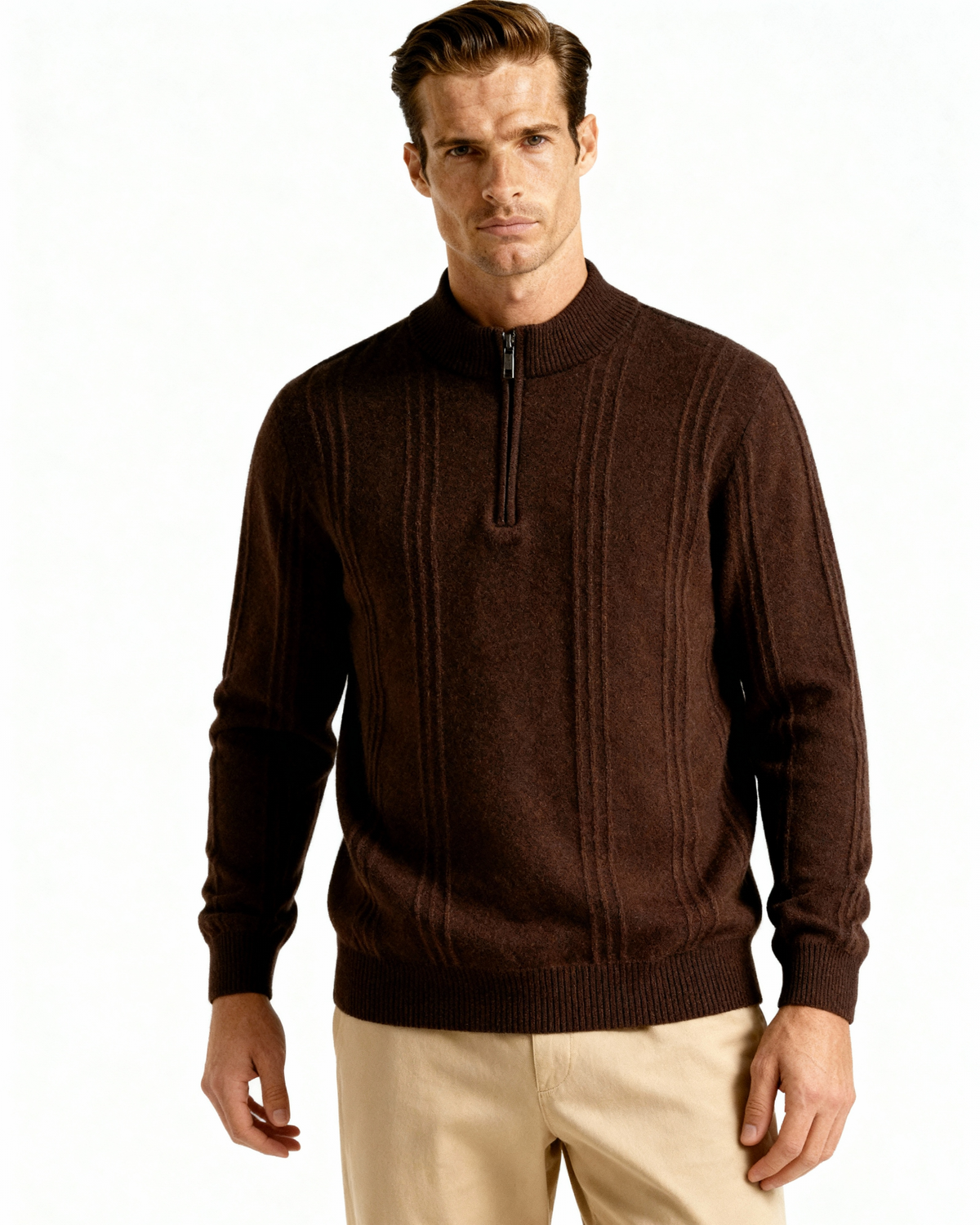 Men's Textured Half-Zip Jumper With Narrow Stand Neck - Brown