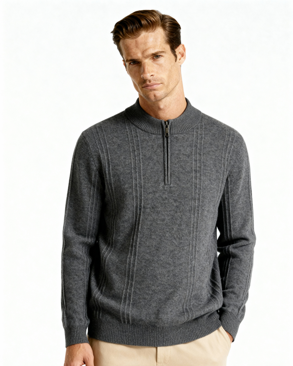 Men's Textured Half-Zip Jumper With Narrow Stand Neck - Grey
