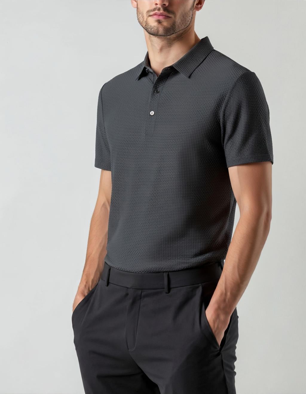 Men's Textured Polo Shirt With Two-Button Neckline - Black