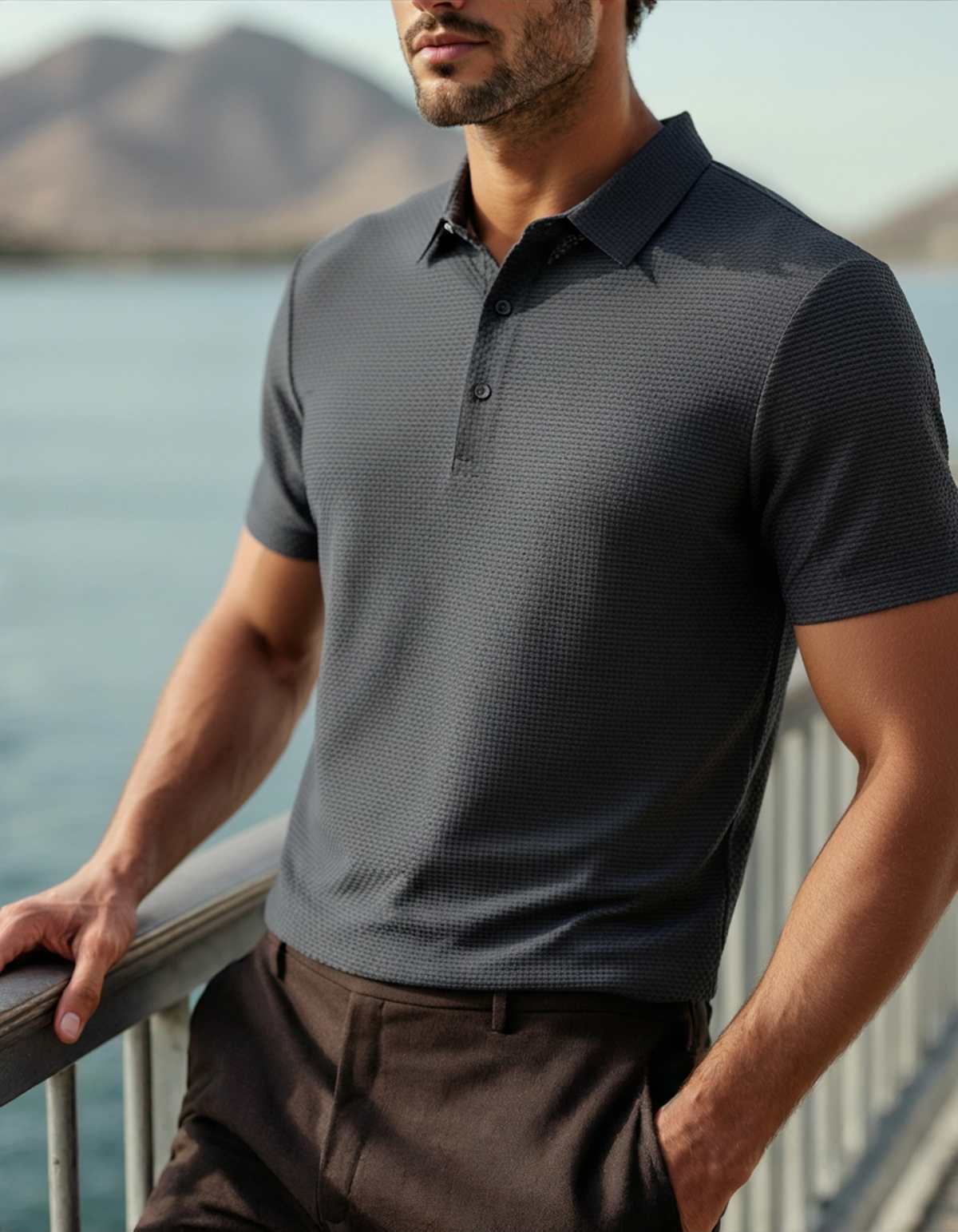 Men's Textured Polo Shirt With Two-Button Neckline - Black