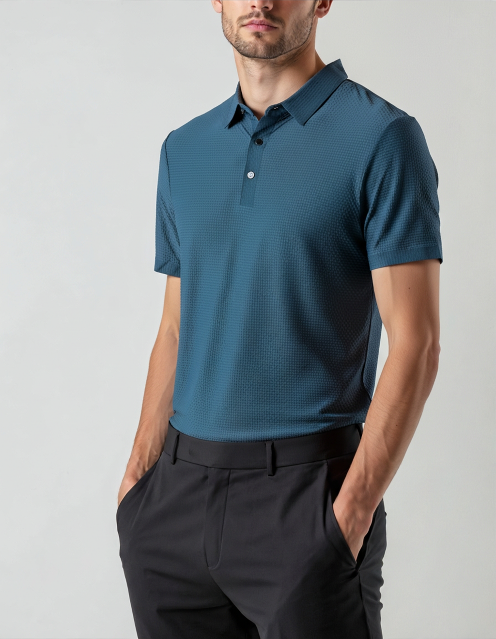 Men's Textured Polo Shirt With Two-Button Neckline - Navy Blue