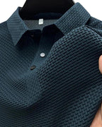 Men's Textured Polo Shirt With Two-Button Neckline - Navy Blue