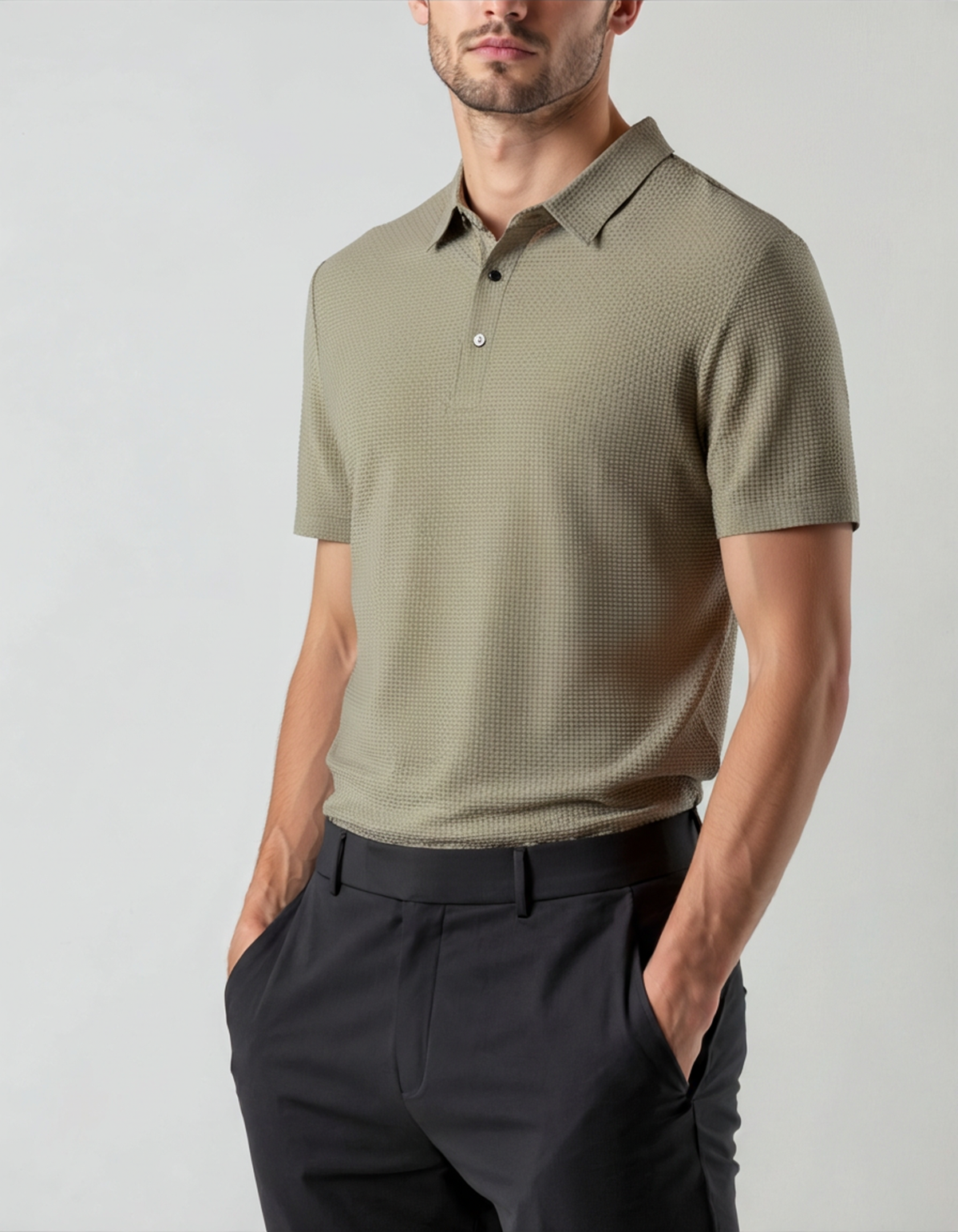 Men's Textured Polo Shirt With Two-Button Neckline - Light Green