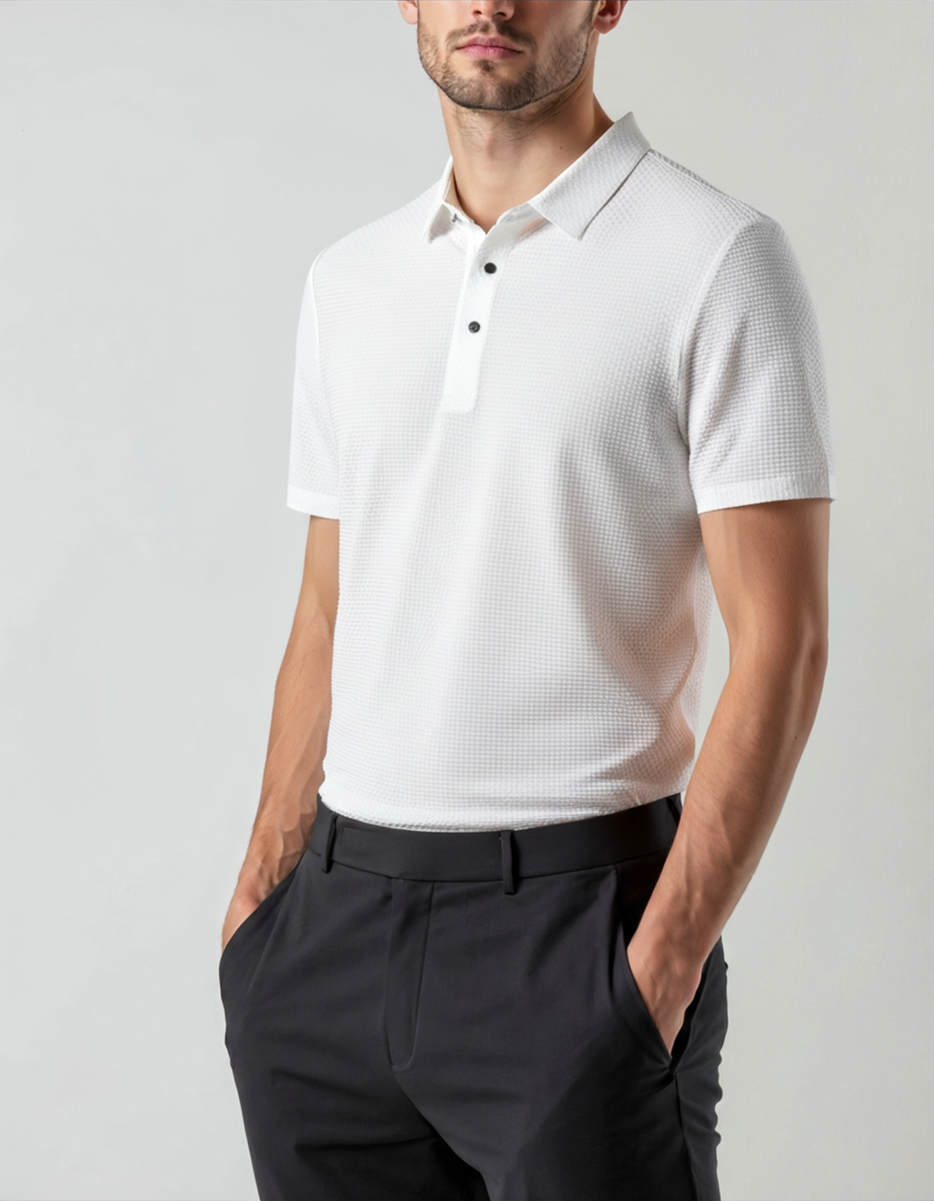 Men's Textured Polo Shirt With Two-Button Neckline - White