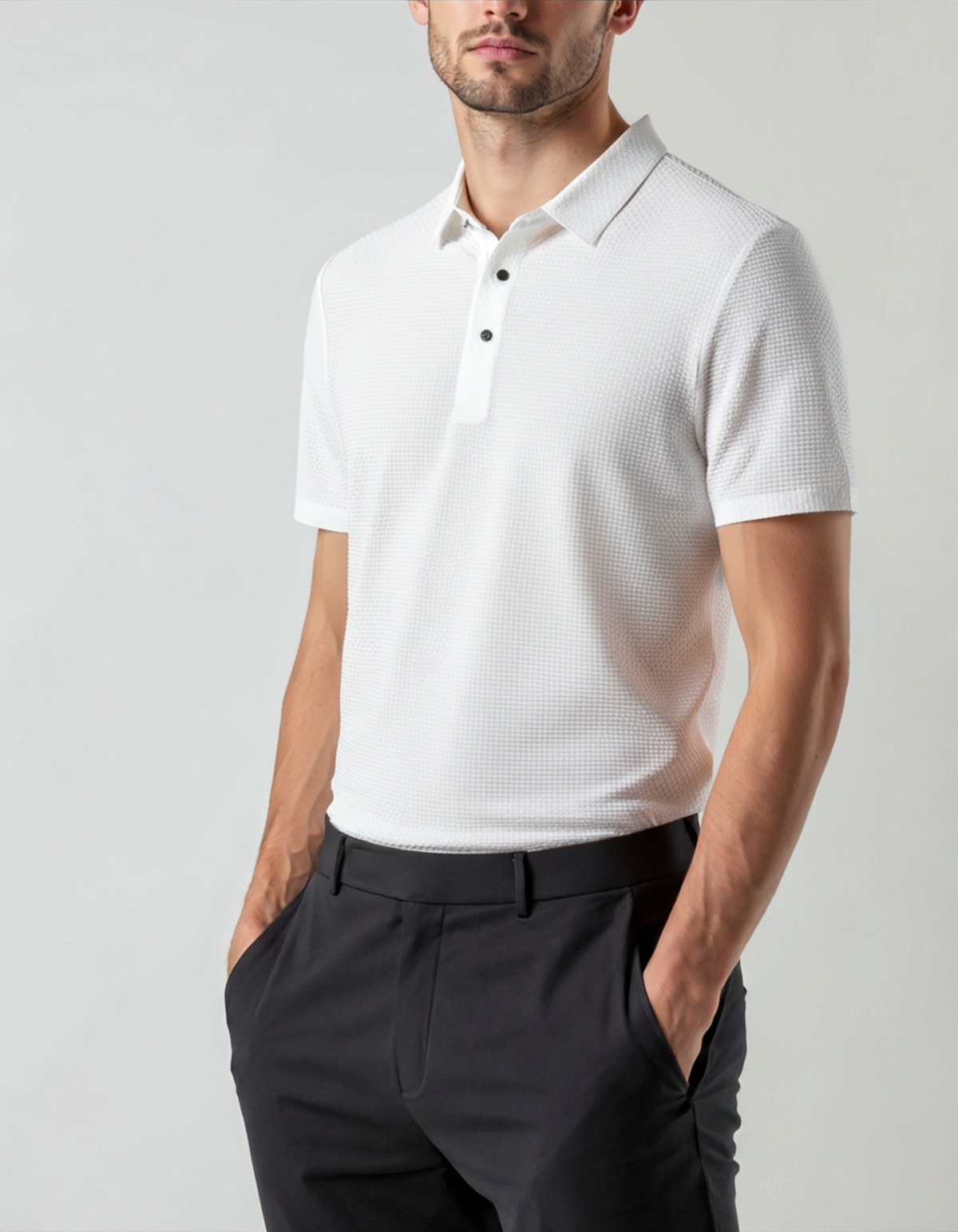 Men's Textured Polo Shirt With Two-Button Neckline - White
