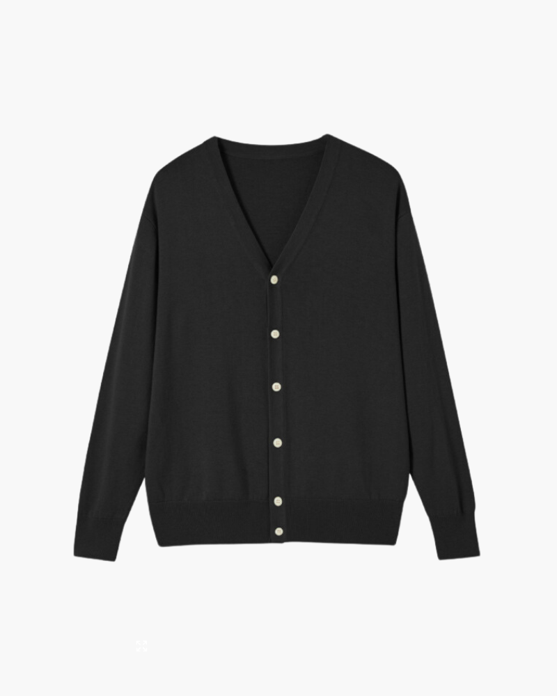 Men's V-Neck Button Cardigan With Ribbed Borders - Black