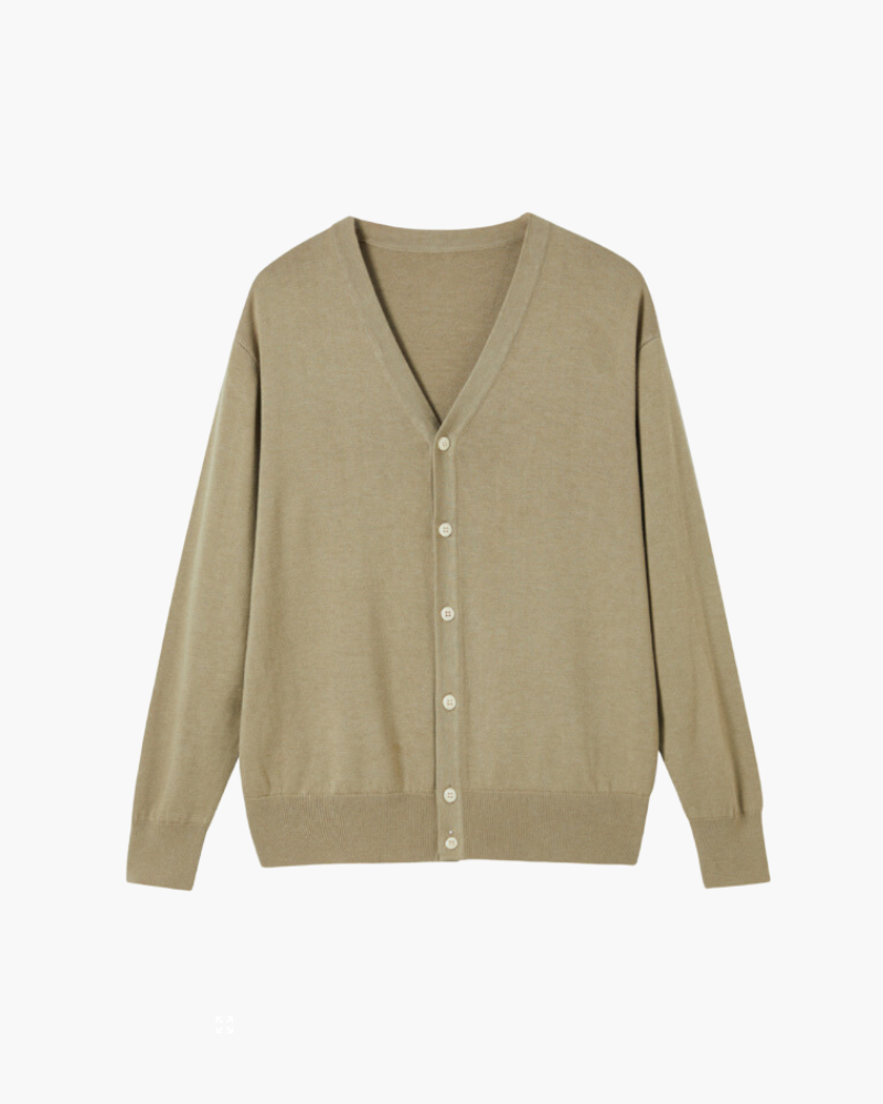 Men's V-Neck Button Cardigan With Ribbed Borders - Beige