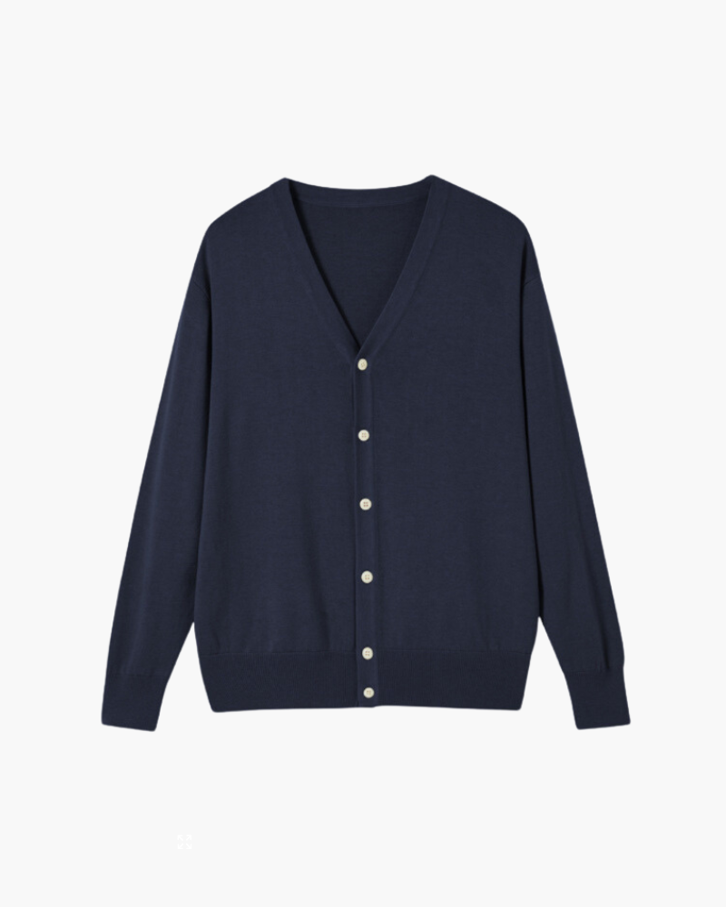 Men's V-Neck Button Cardigan With Ribbed Borders - Navy